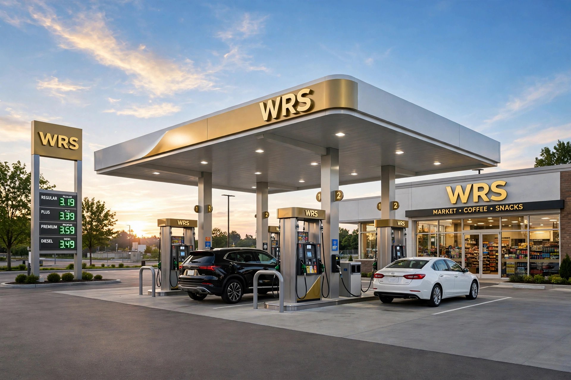Modern WRS-branded gas station with fuel pumps and convenience store (illustrative image)
